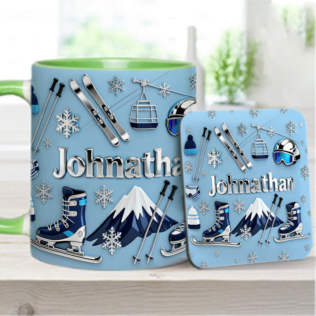 Skifahren macht mich glücklich – Personalisierte Tasse und Untersetzer mit Skimotiv