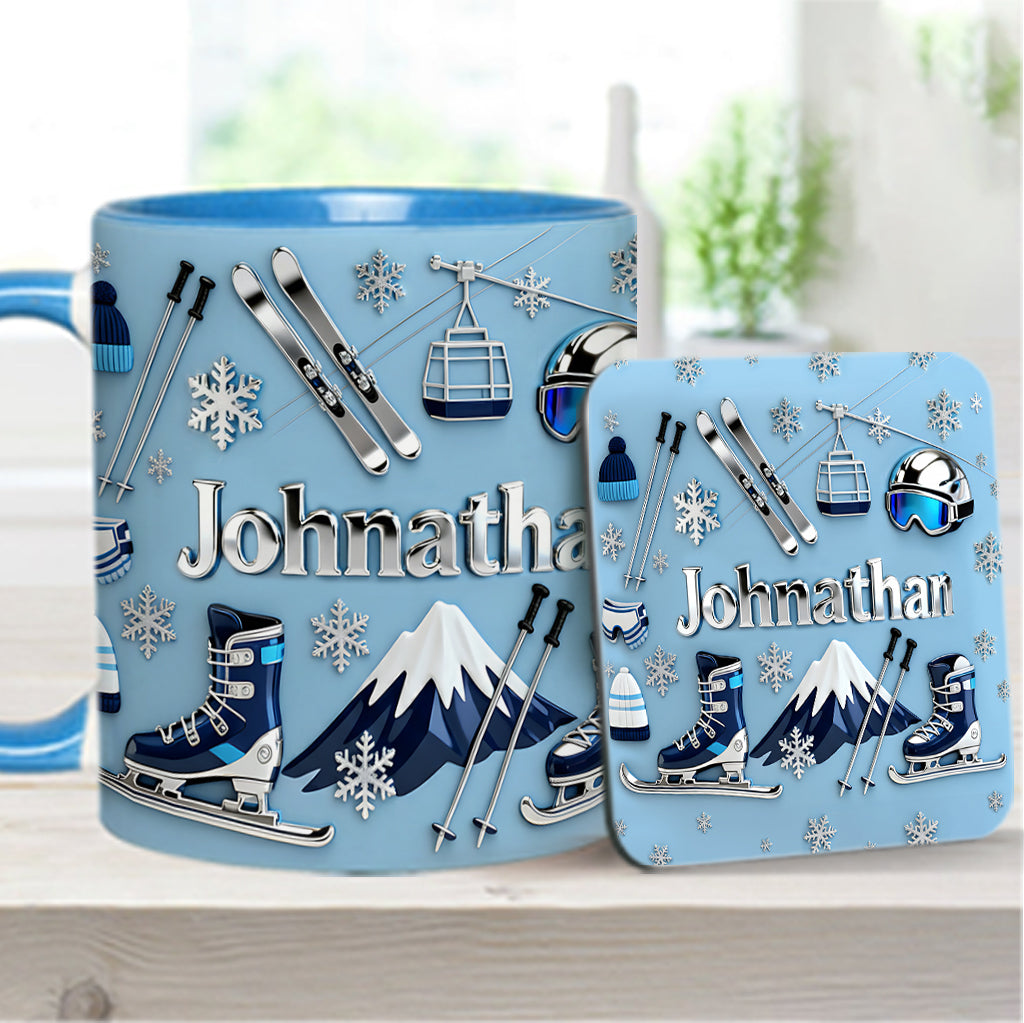 Skifahren macht mich glücklich – Personalisierte Tasse und Untersetzer mit Skimotiv