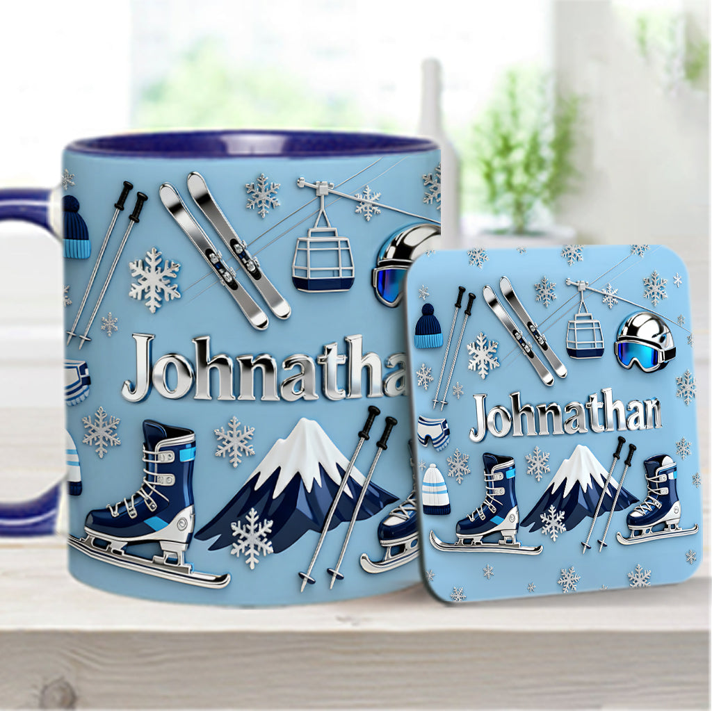 Skifahren macht mich glücklich – Personalisierte Tasse und Untersetzer mit Skimotiv