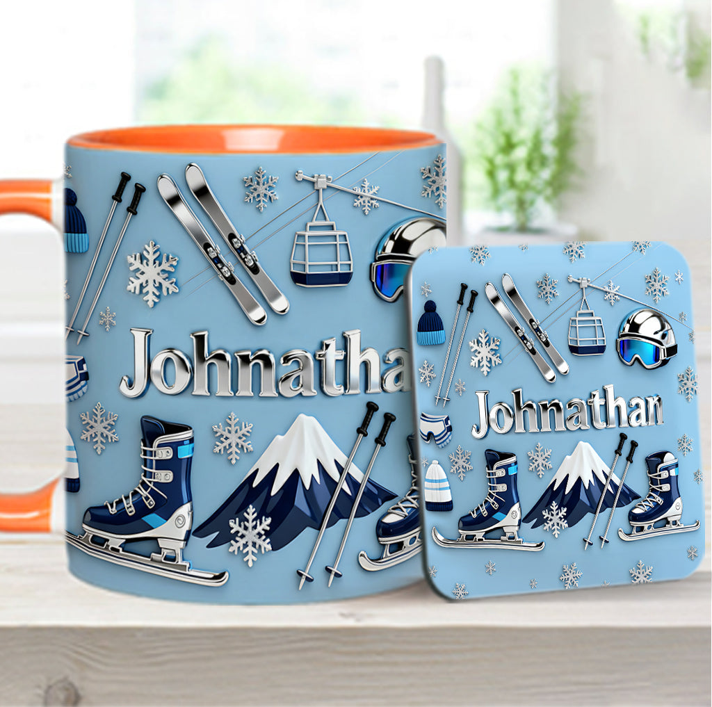 Skifahren macht mich glücklich – Personalisierte Tasse und Untersetzer mit Skimotiv