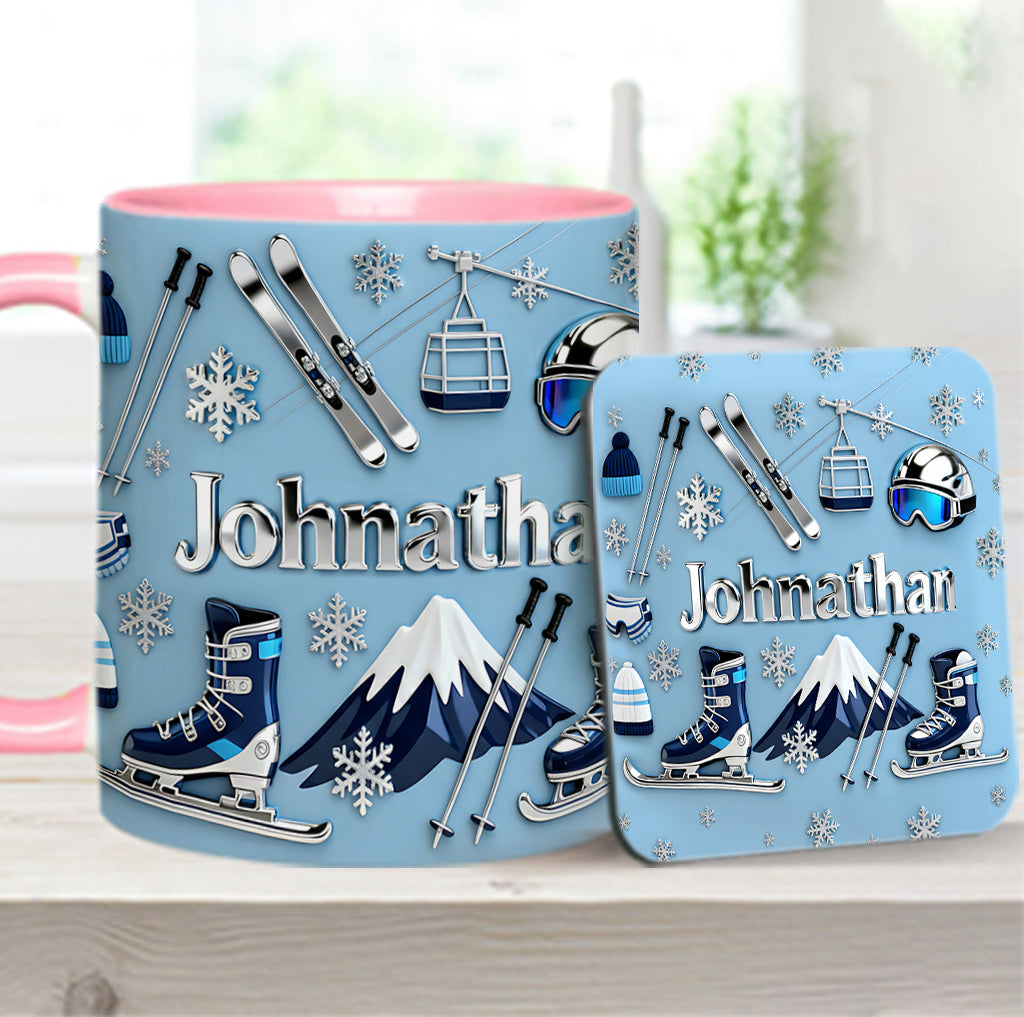 Skifahren macht mich glücklich – Personalisierte Tasse und Untersetzer mit Skimotiv