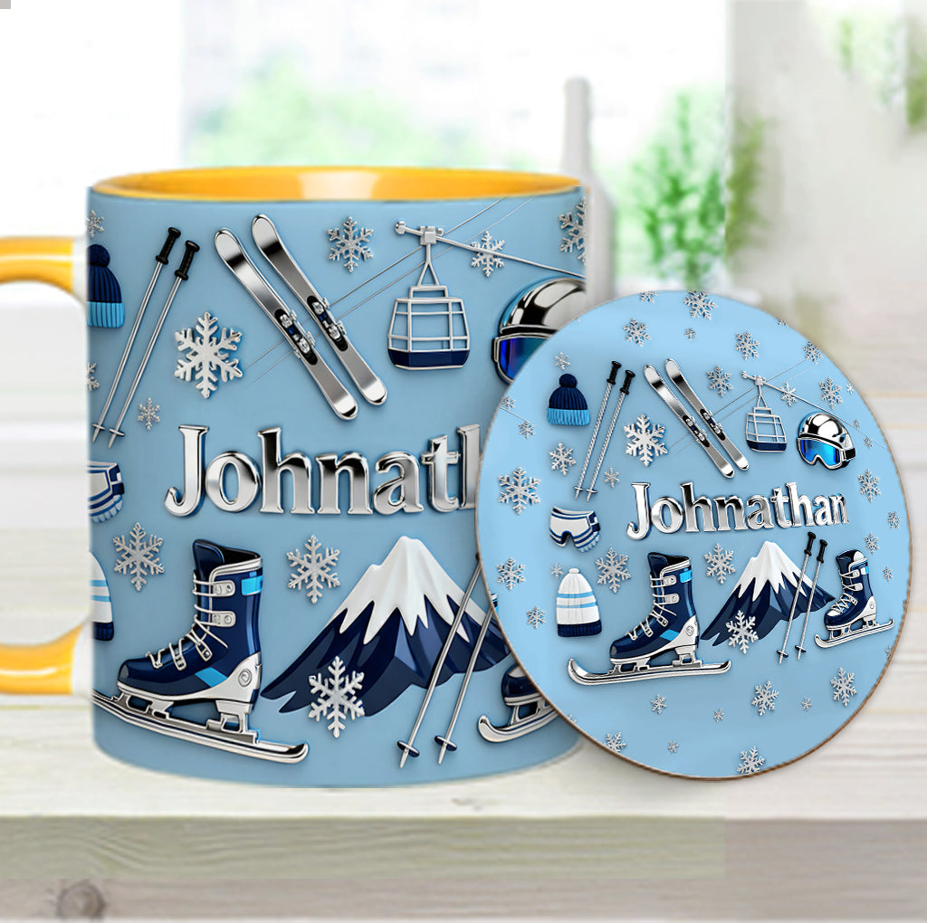 Skifahren macht mich glücklich – Personalisierte Tasse und Untersetzer mit Skimotiv