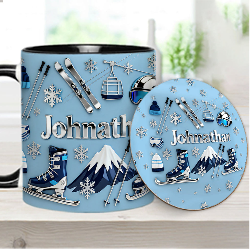 Skifahren macht mich glücklich – Personalisierte Tasse und Untersetzer mit Skimotiv