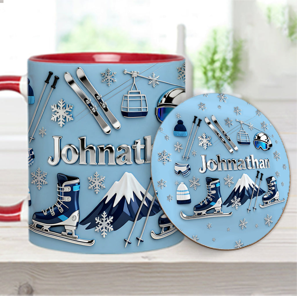 Skifahren macht mich glücklich – Personalisierte Tasse und Untersetzer mit Skimotiv