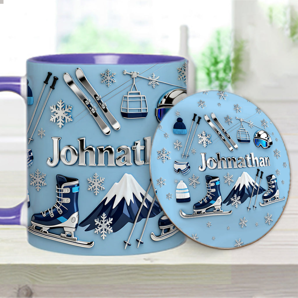 Skifahren macht mich glücklich – Personalisierte Tasse und Untersetzer mit Skimotiv