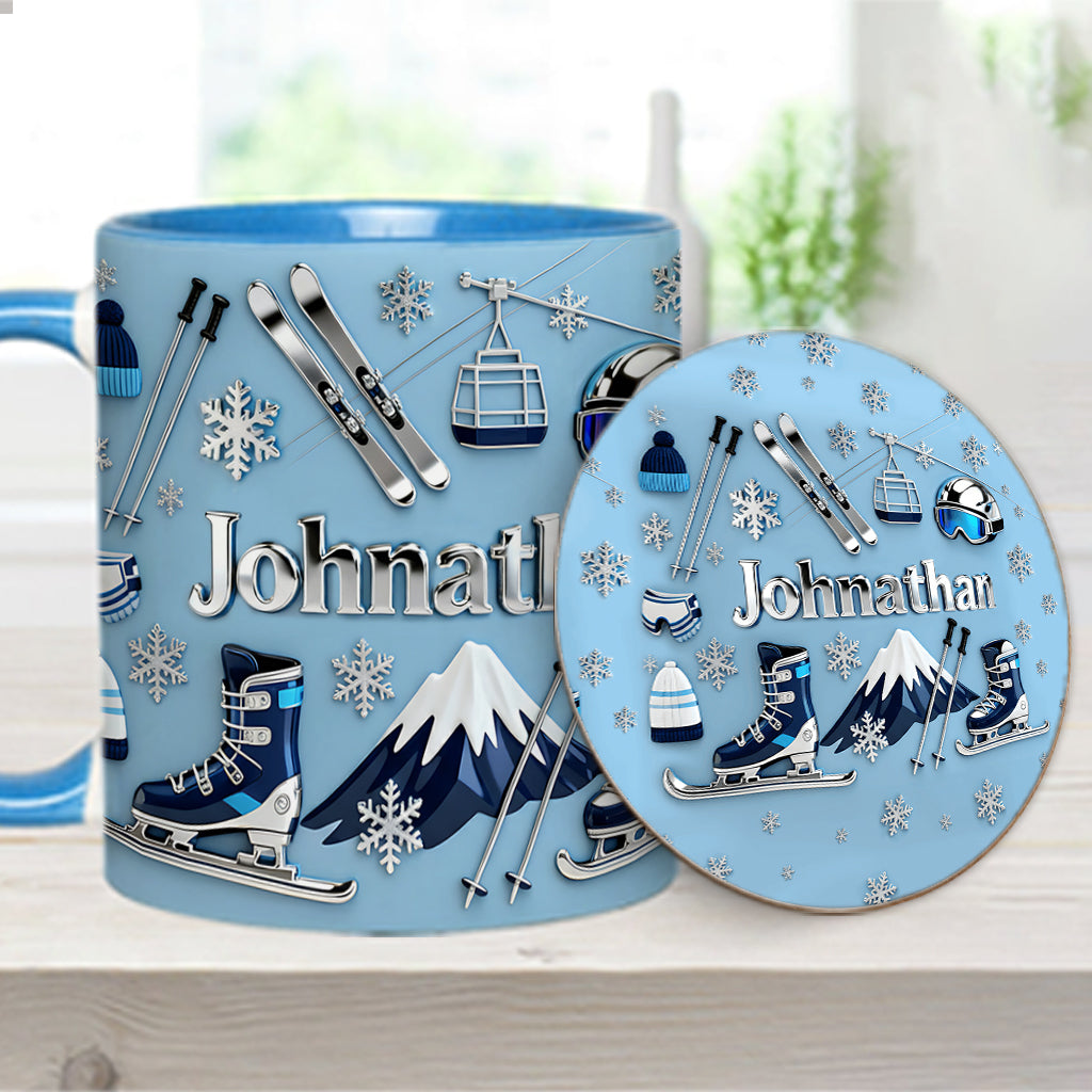 Skifahren macht mich glücklich – Personalisierte Tasse und Untersetzer mit Skimotiv