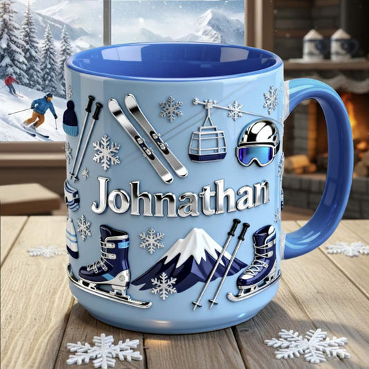 Skifahren macht mich glücklich – Personalisierte Tasse und Untersetzer mit Skimotiv