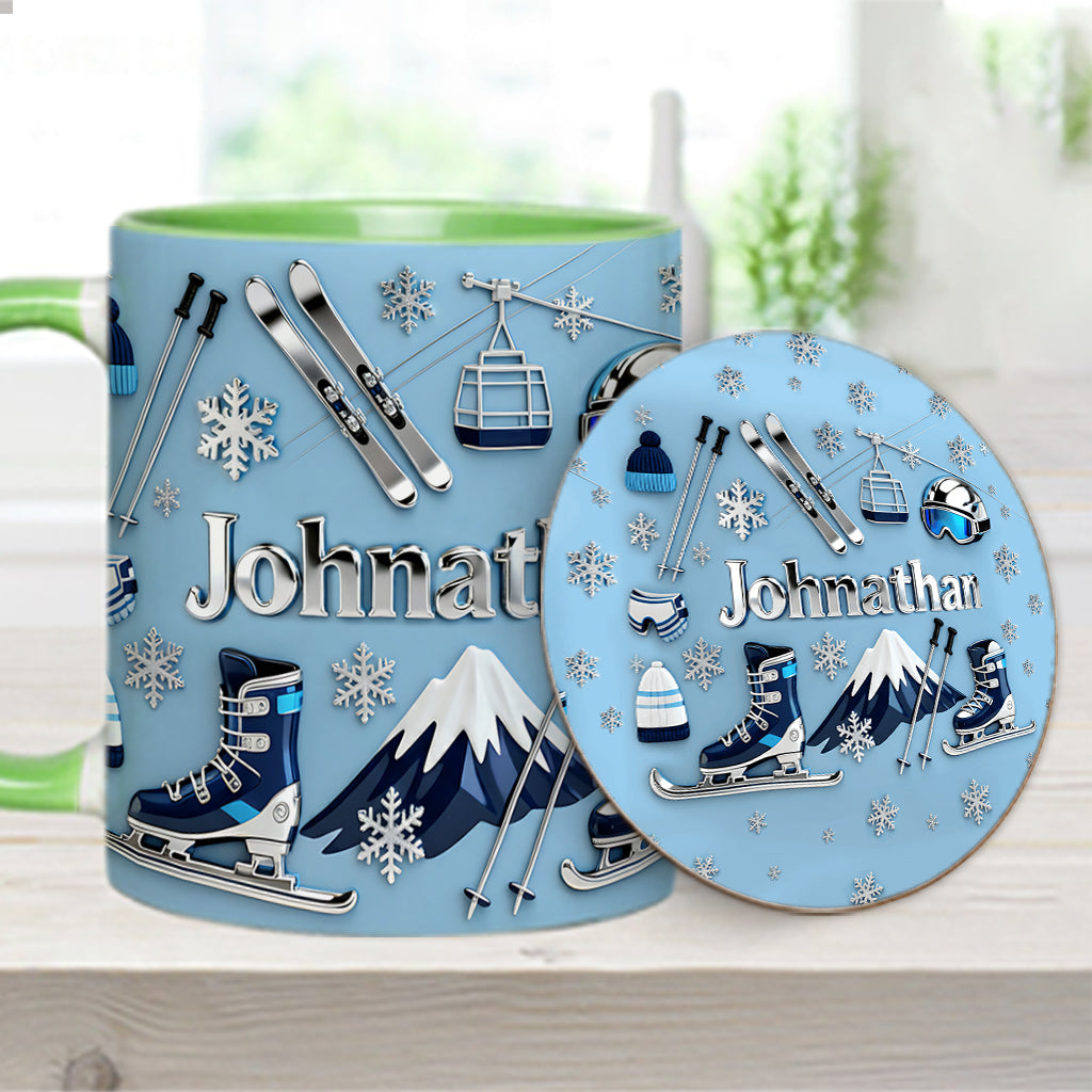 Skifahren macht mich glücklich – Personalisierte Tasse und Untersetzer mit Skimotiv