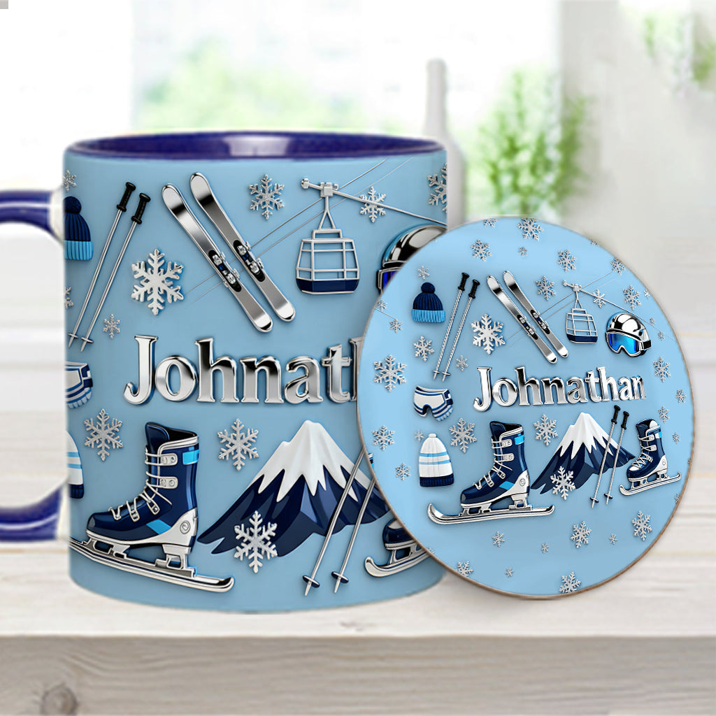 Skifahren macht mich glücklich – Personalisierte Tasse und Untersetzer mit Skimotiv