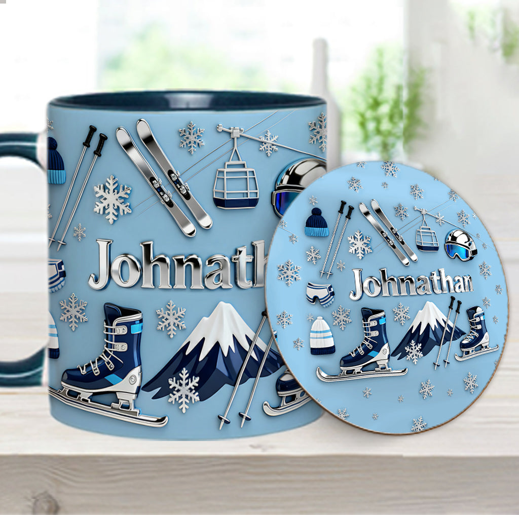 Skifahren macht mich glücklich – Personalisierte Tasse und Untersetzer mit Skimotiv