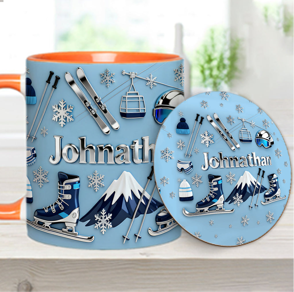 Skifahren macht mich glücklich – Personalisierte Tasse und Untersetzer mit Skimotiv