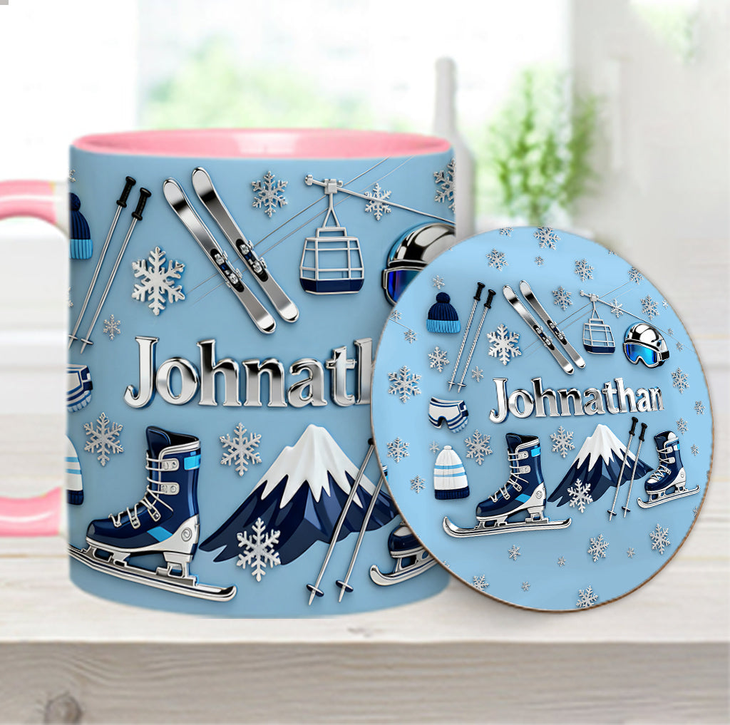 Skifahren macht mich glücklich – Personalisierte Tasse und Untersetzer mit Skimotiv