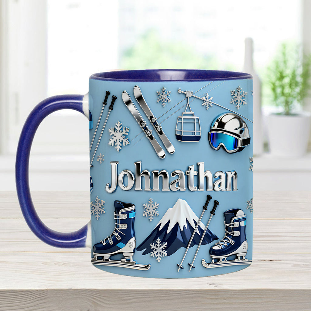 Skifahren macht mich glücklich – Personalisierte Tasse und Untersetzer mit Skimotiv
