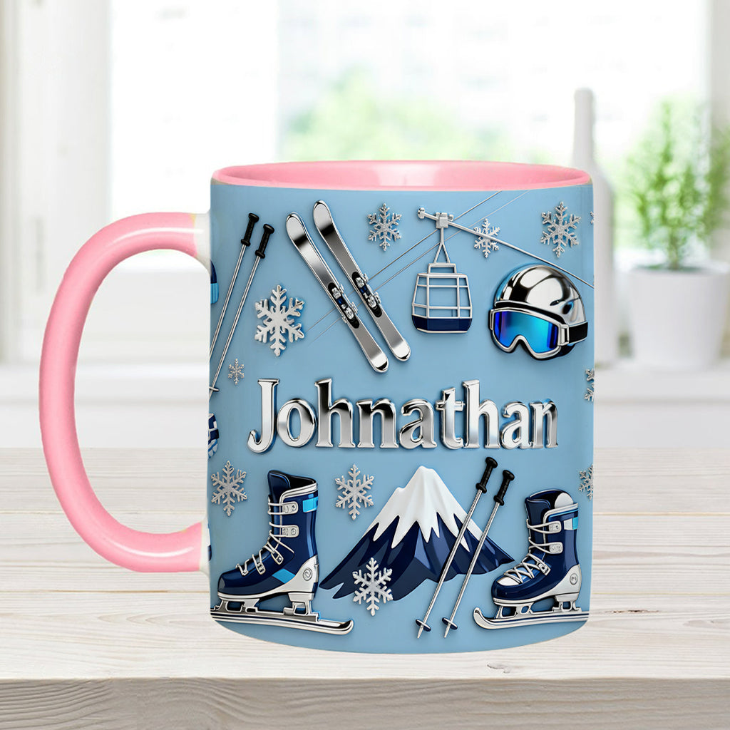 Skifahren macht mich glücklich – Personalisierte Tasse und Untersetzer mit Skimotiv