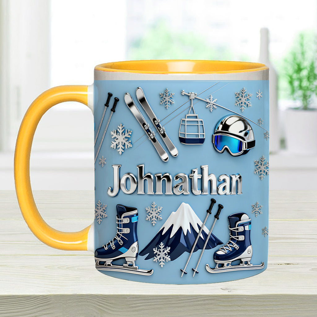 Skifahren macht mich glücklich – Personalisierte Tasse und Untersetzer mit Skimotiv