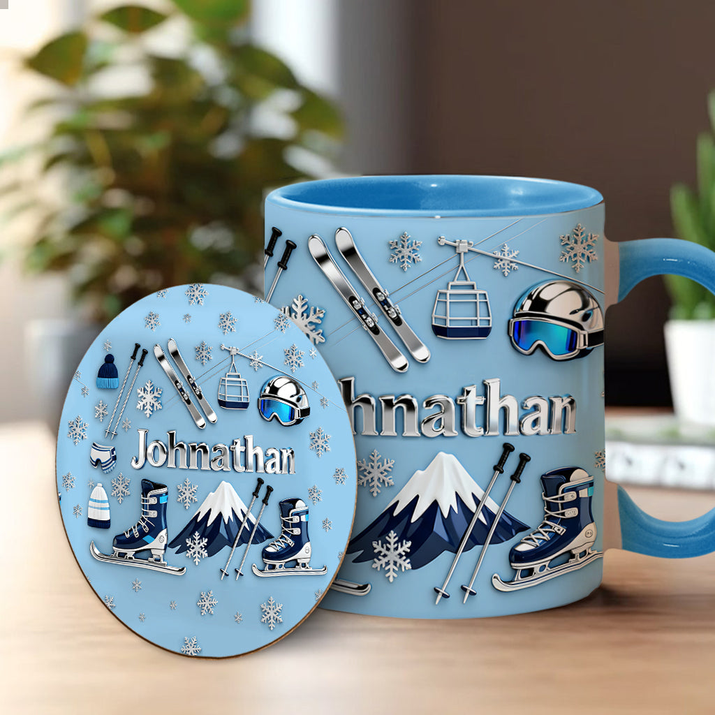 Skifahren macht mich glücklich – Personalisierte Tasse und Untersetzer mit Skimotiv