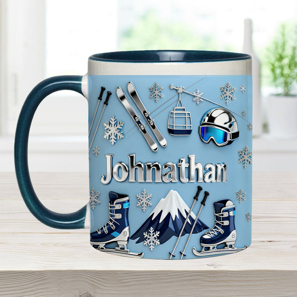 Skifahren macht mich glücklich – Personalisierte Tasse und Untersetzer mit Skimotiv