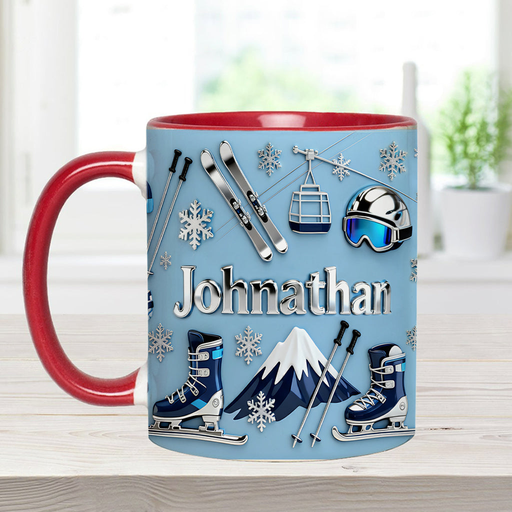 Skifahren macht mich glücklich – Personalisierte Tasse und Untersetzer mit Skimotiv