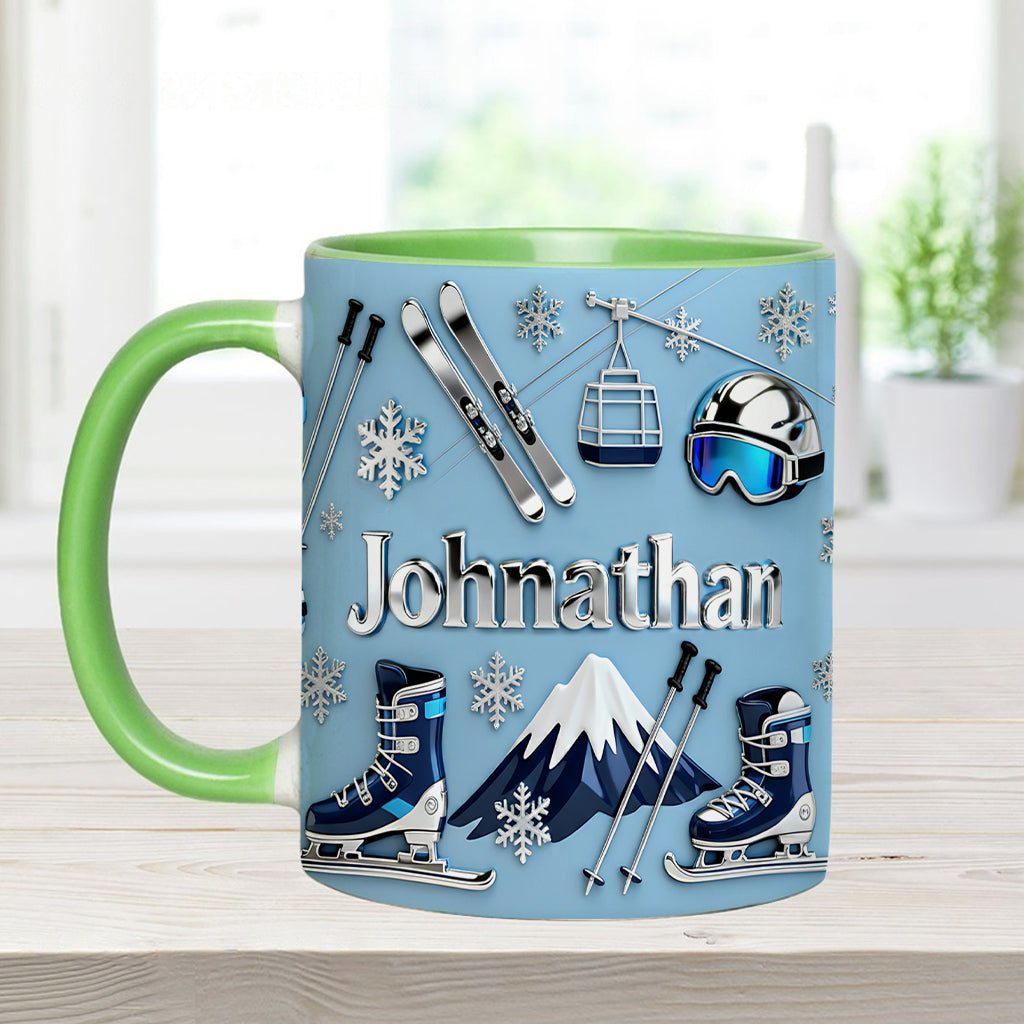 Skifahren macht mich glücklich – Personalisierte Tasse und Untersetzer mit Skimotiv