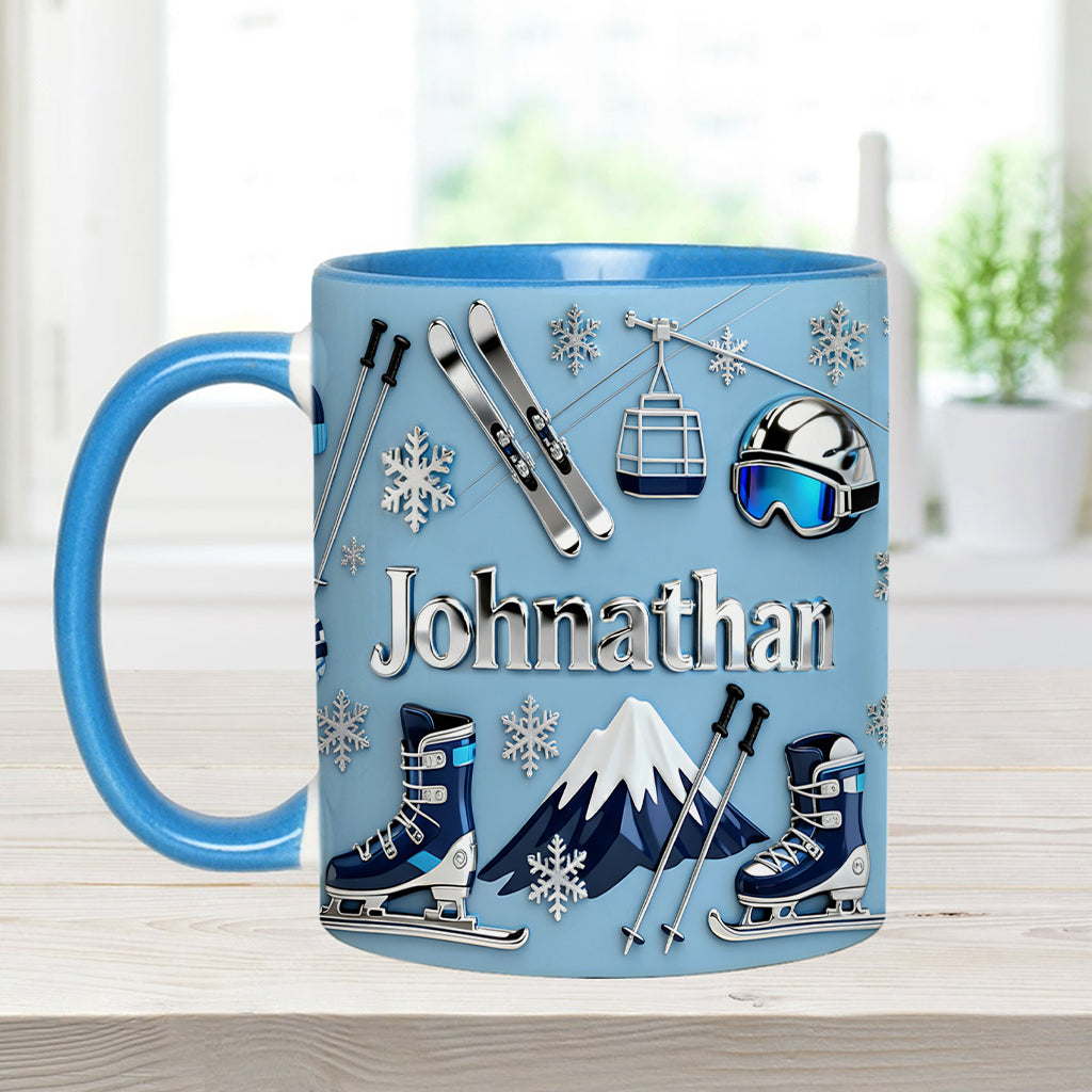 Skifahren macht mich glücklich – Personalisierte Tasse und Untersetzer mit Skimotiv