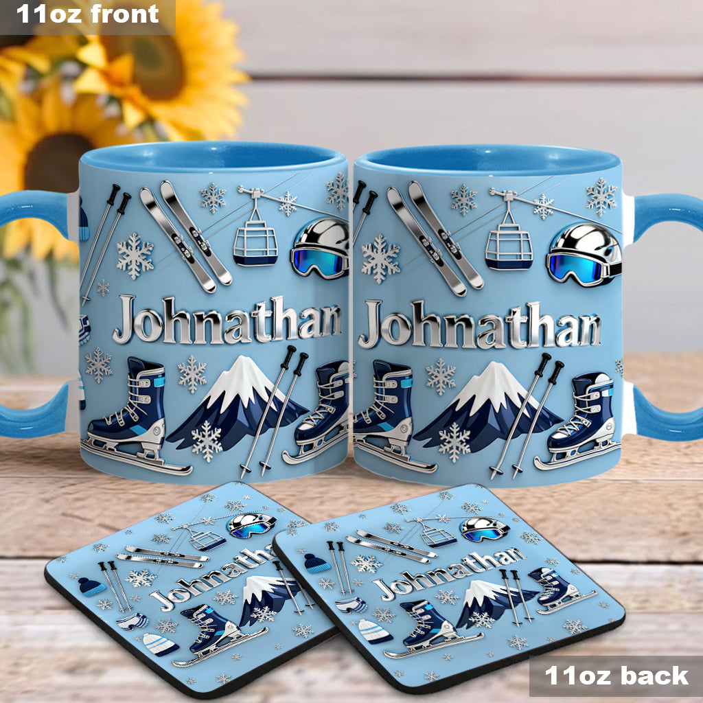 Skifahren macht mich glücklich – Personalisierte Tasse und Untersetzer mit Skimotiv