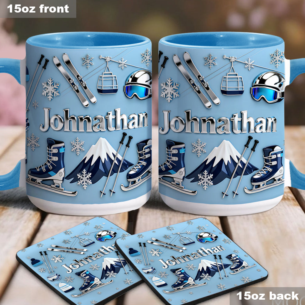 Skifahren macht mich glücklich – Personalisierte Tasse und Untersetzer mit Skimotiv