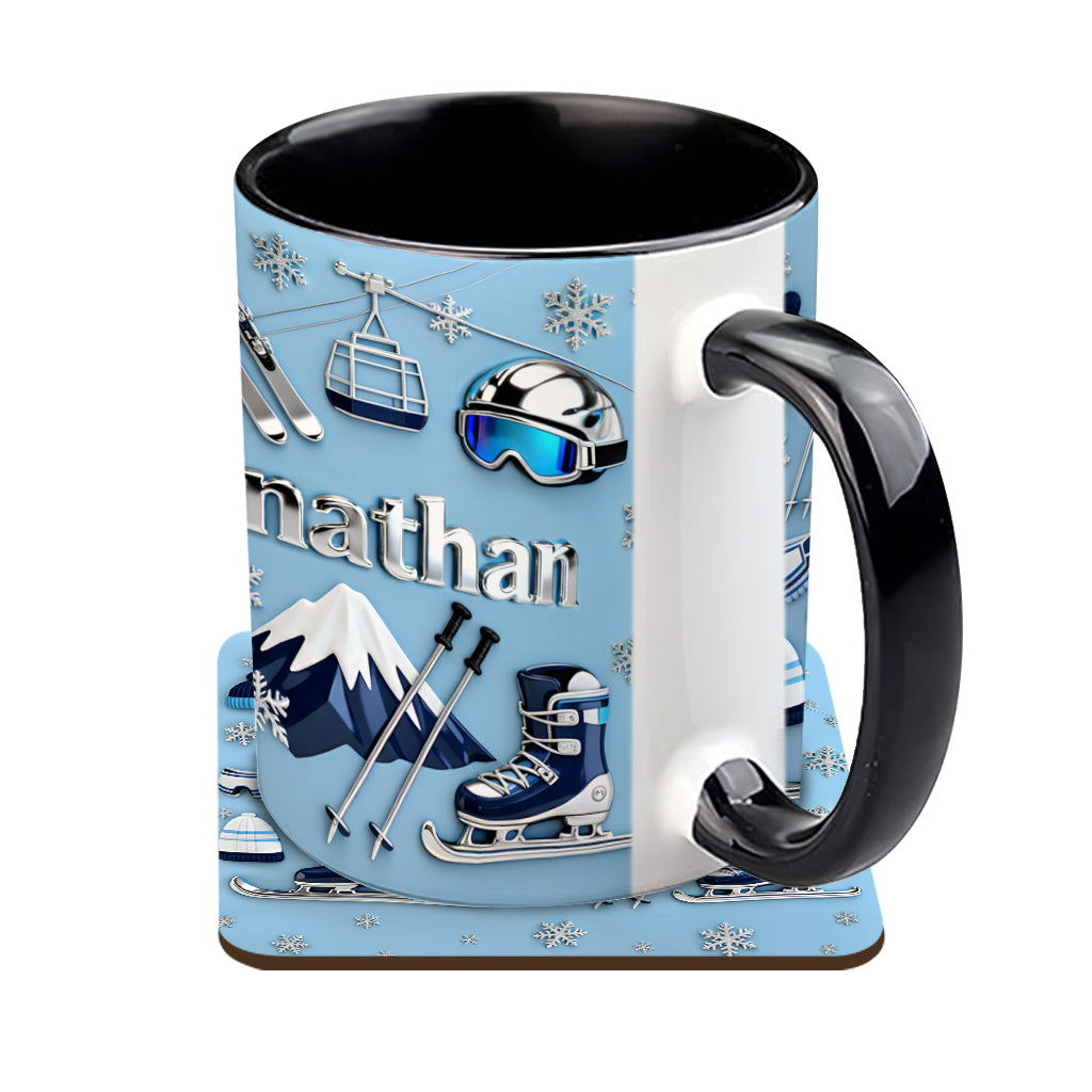 Skifahren macht mich glücklich – Personalisierte Tasse und Untersetzer mit Skimotiv