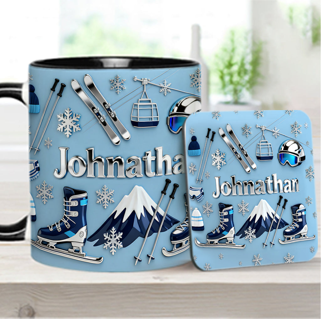 Skifahren macht mich glücklich – Personalisierte Tasse und Untersetzer mit Skimotiv