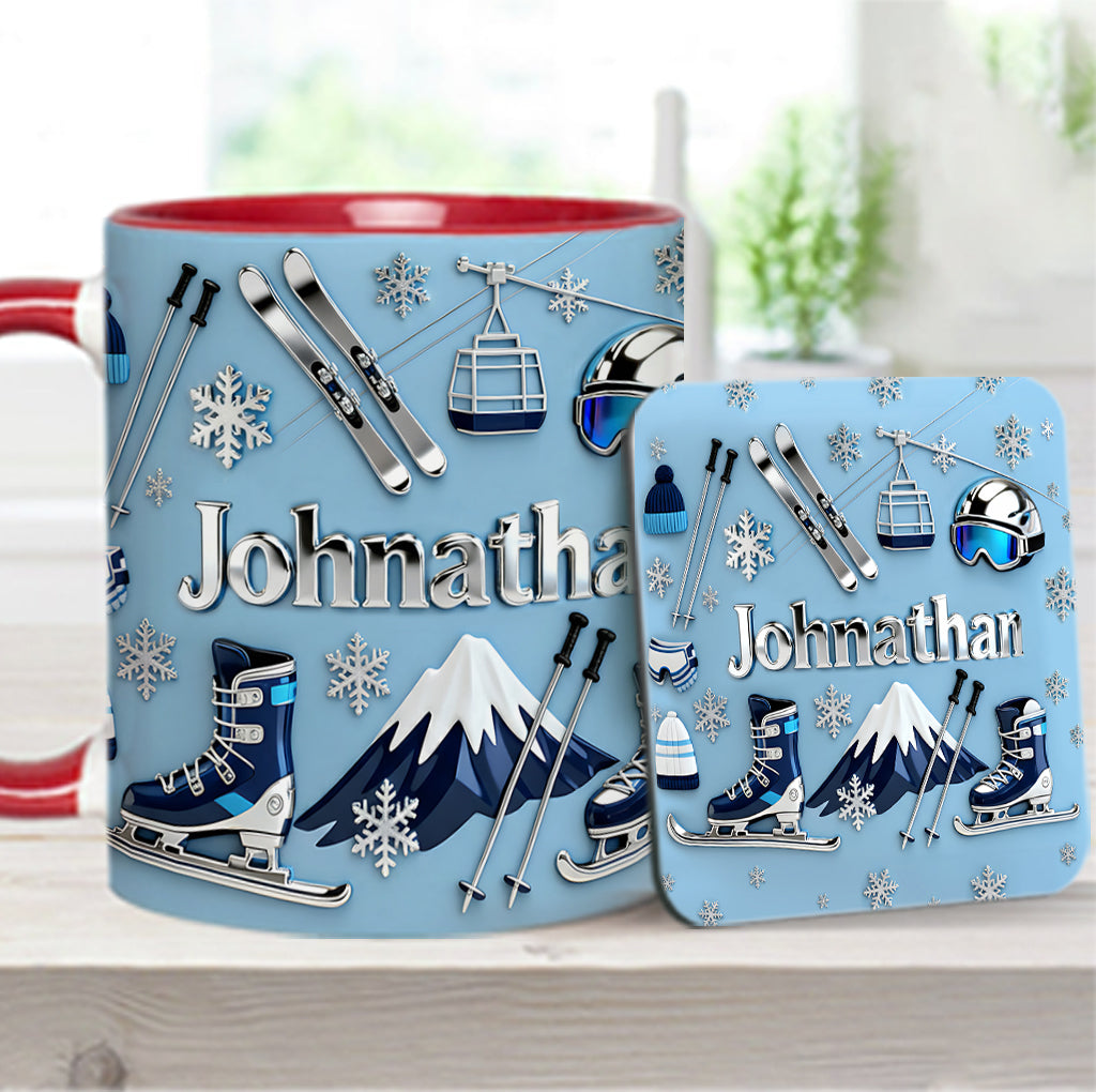 Skifahren macht mich glücklich – Personalisierte Tasse und Untersetzer mit Skimotiv