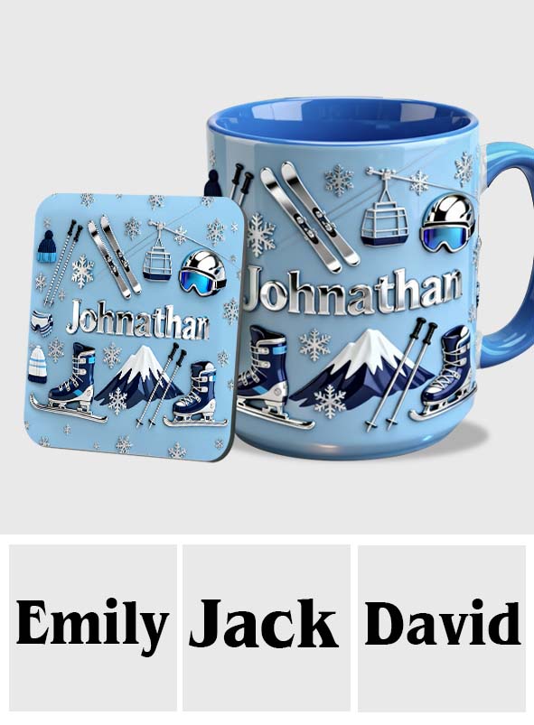 Skifahren macht mich glücklich – Personalisierte Tasse und Untersetzer mit Skimotiv