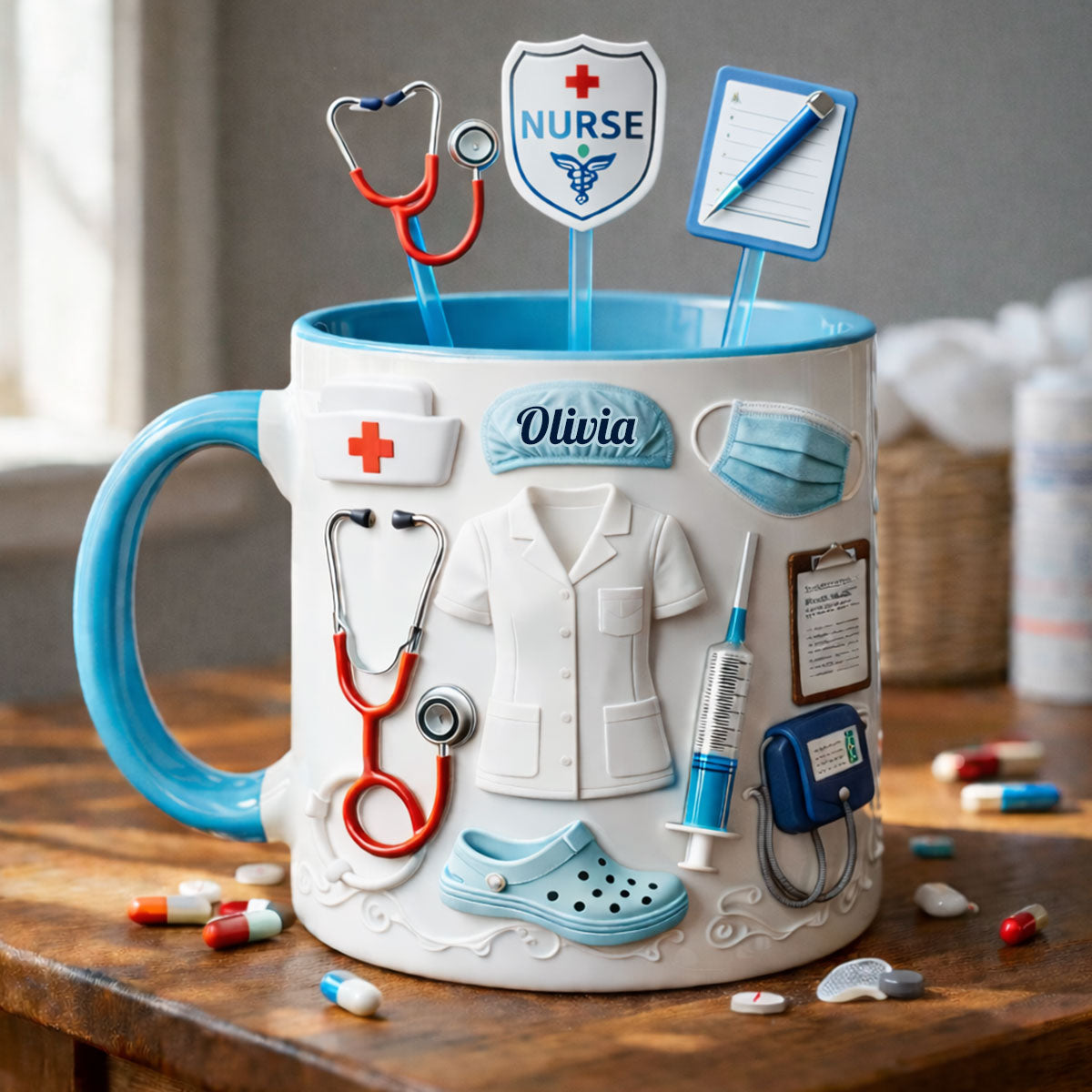 Geschenkidee für Krankenschwestern – Personalisierte Tasse mit Acryl-Rührstäbchen
