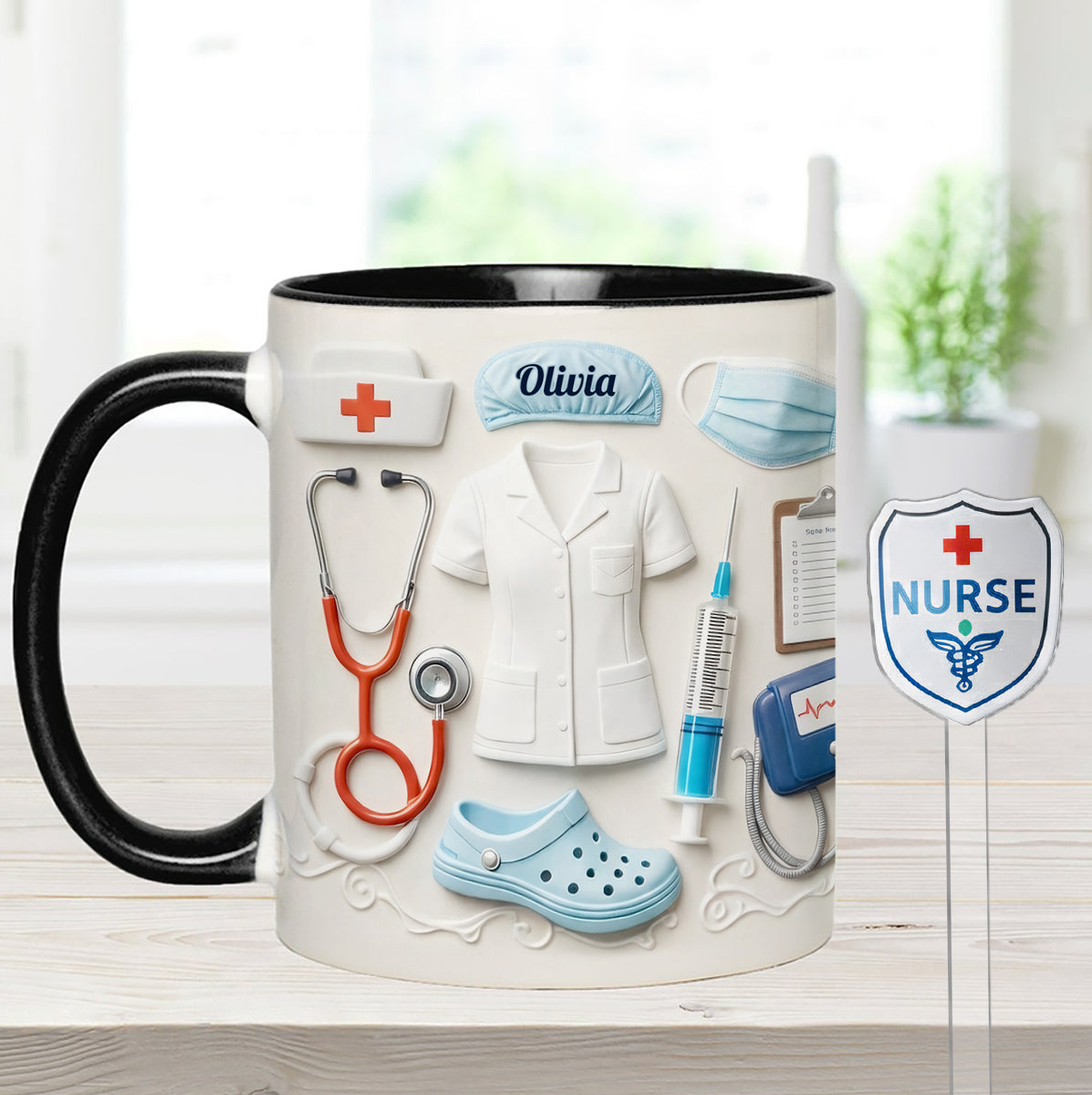 Geschenkidee für Krankenschwestern – Personalisierte Tasse mit Acryl-Rührstäbchen