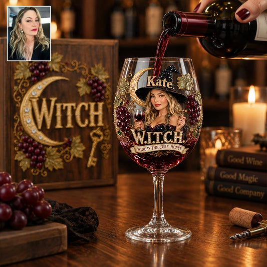 Wine Is The Cure - Personalized Witch Wine Glasses Set With Wooden Box