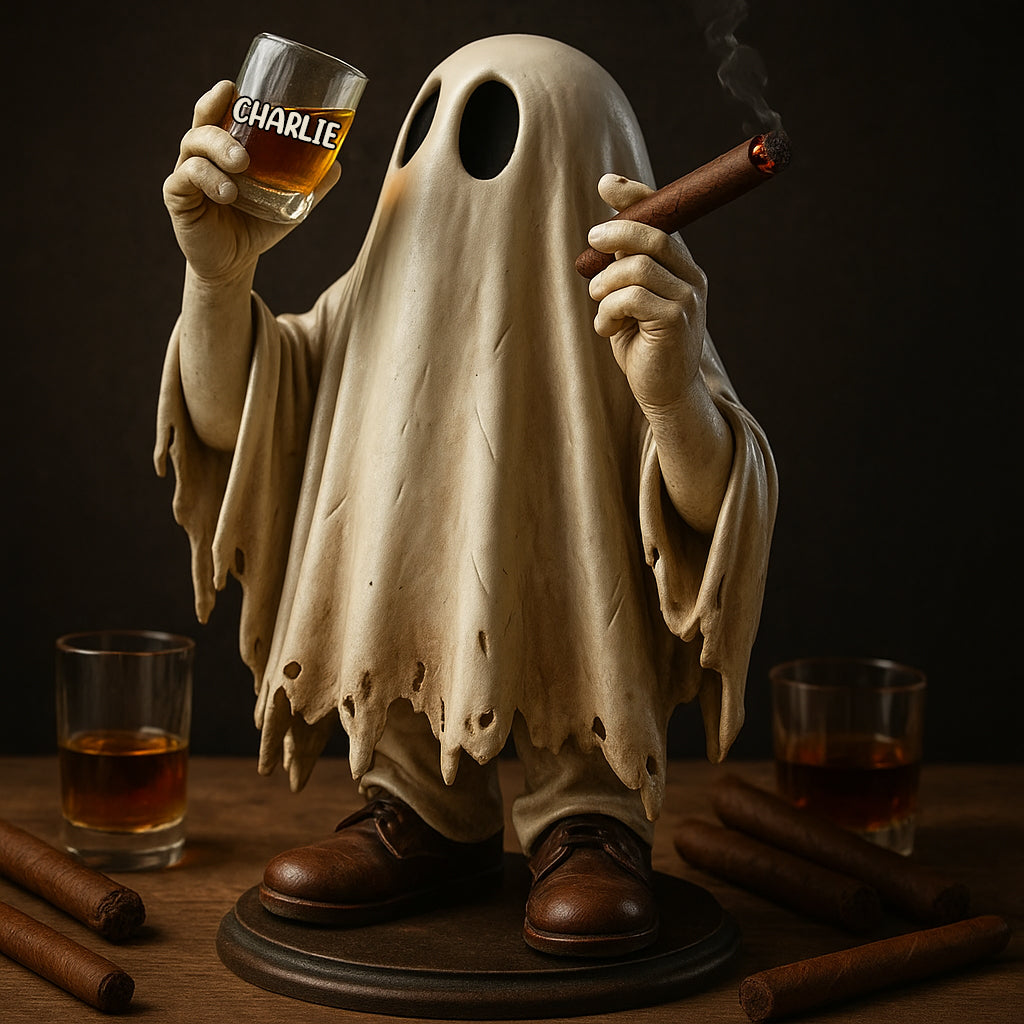 Gruseliger Whisky- und Zigarrenliebhaber – personalisierte, individuell geformte Acrylplakette mit Whisky-Motiv