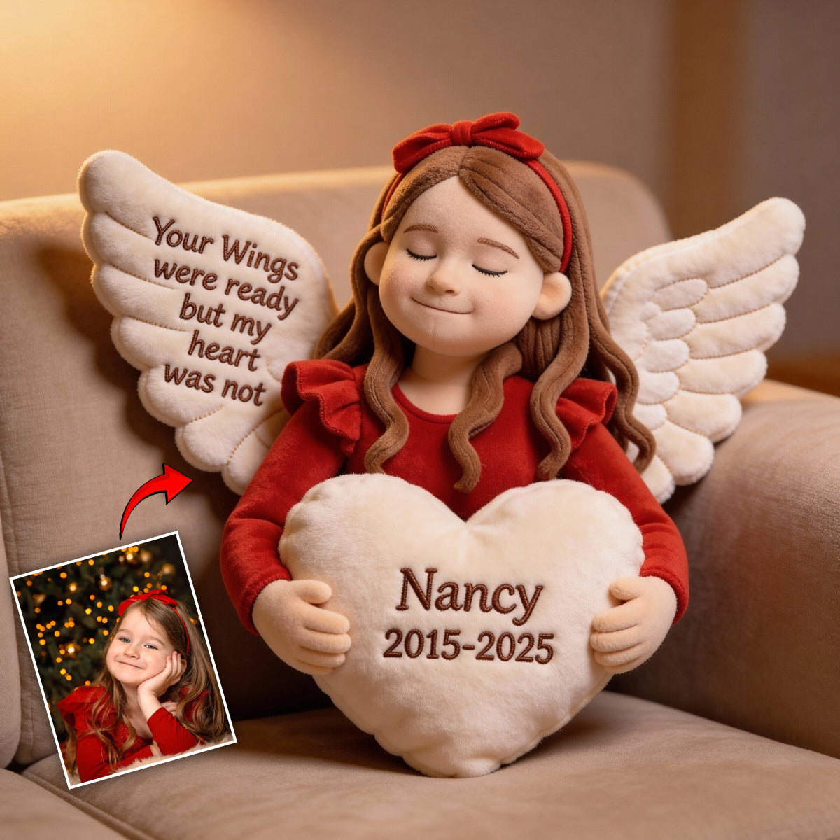 Deine Flügel waren bereit, doch mein Herz nicht – Personalisiertes Gedenkkissen aus Kunstfell