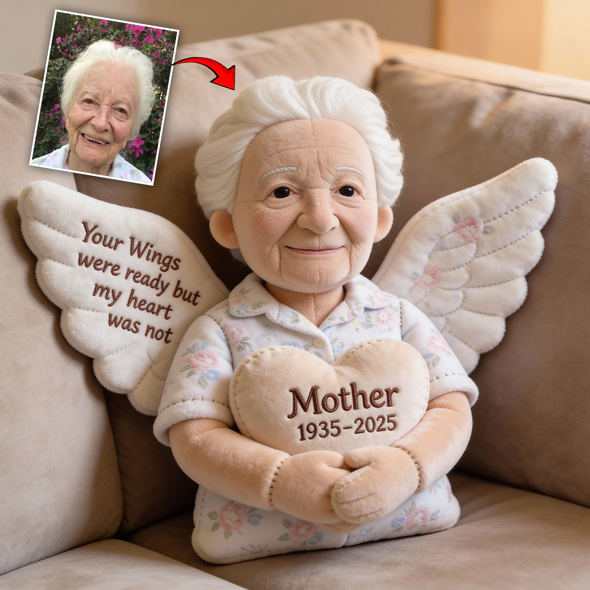 Deine Flügel waren bereit, doch mein Herz nicht – Personalisiertes Gedenkkissen aus Kunstfell