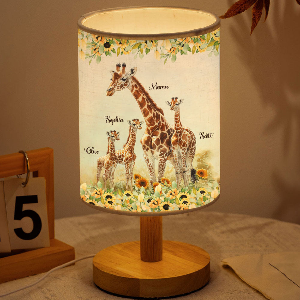 Sonnenblumen-Giraffe-Mutter, Einzigartiges Muttertagsgeschenk – Personalisierte Tischlampe mit Holzsockel