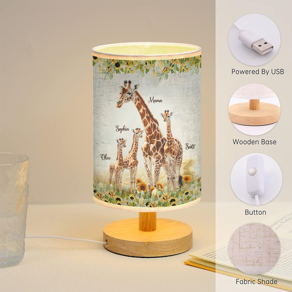 Sonnenblumen-Giraffe-Mutter, Einzigartiges Muttertagsgeschenk – Personalisierte Tischlampe mit Holzsockel