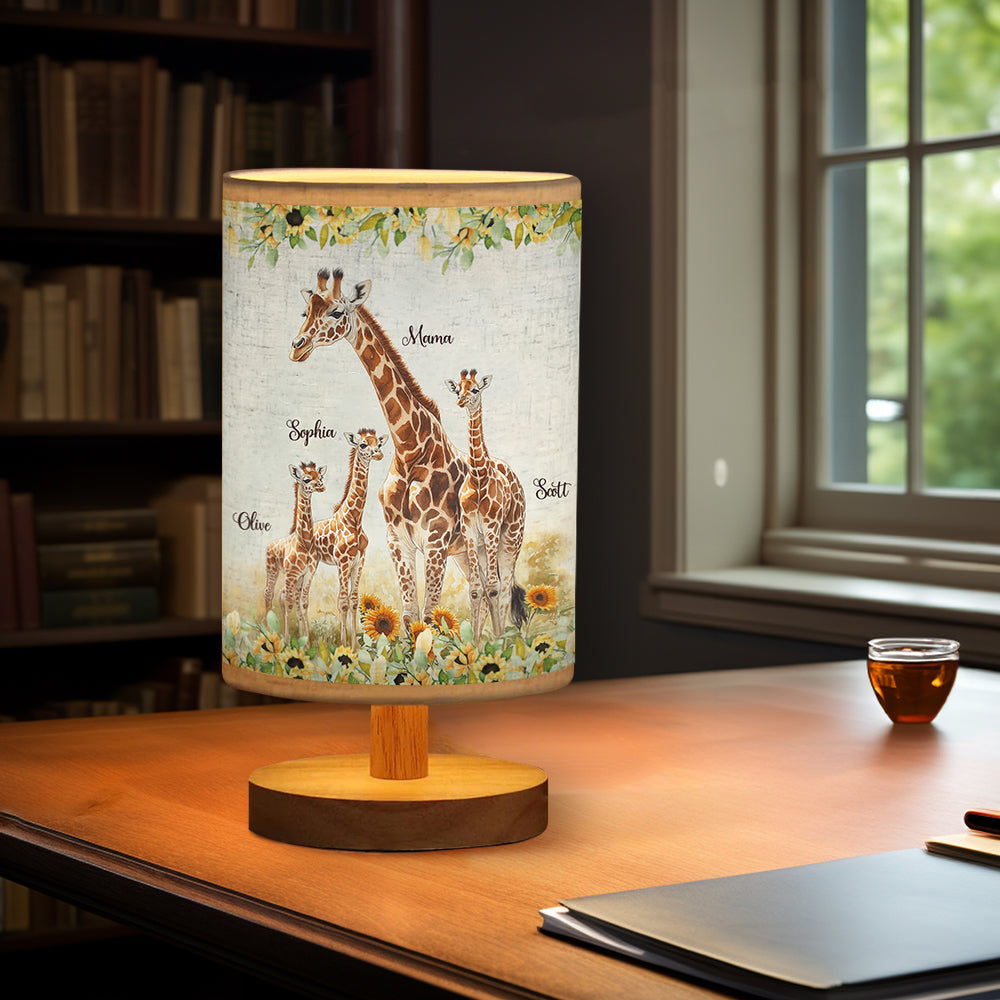 Sonnenblumen-Giraffe-Mutter, Einzigartiges Muttertagsgeschenk – Personalisierte Tischlampe mit Holzsockel
