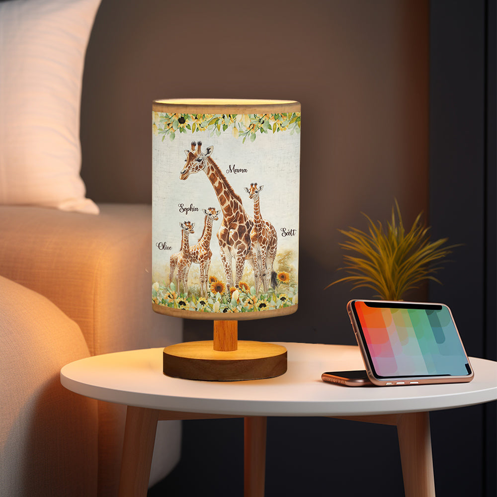Sonnenblumen-Giraffe-Mutter, Einzigartiges Muttertagsgeschenk – Personalisierte Tischlampe mit Holzsockel