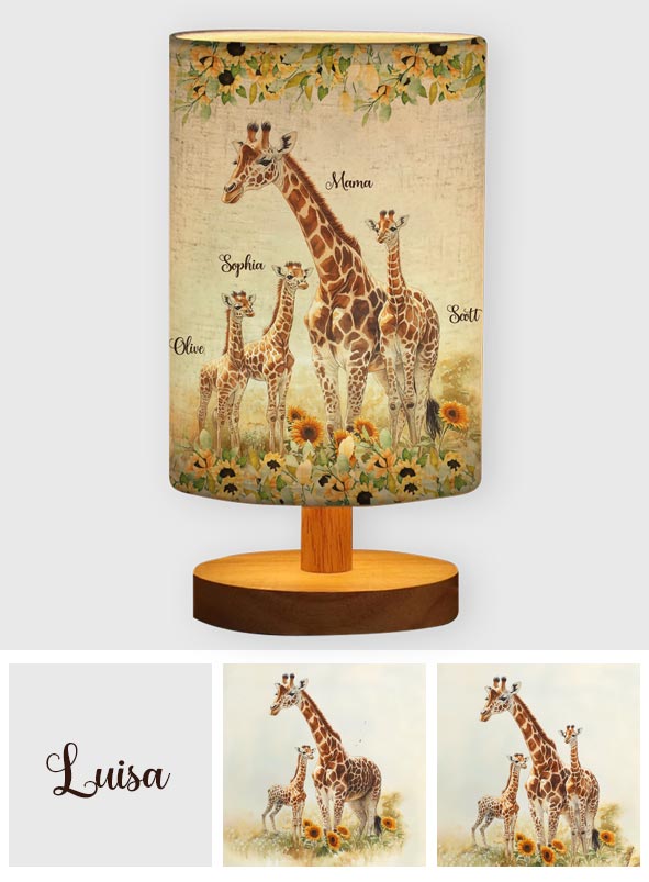 Sonnenblumen-Giraffe-Mutter, Einzigartiges Muttertagsgeschenk – Personalisierte Tischlampe mit Holzsockel