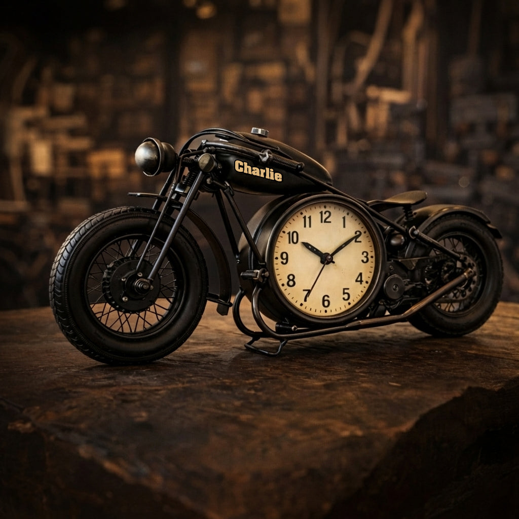 Motorrad, Geschenk für Biker – Personalisierte Biker-Tischuhr mit Plakette