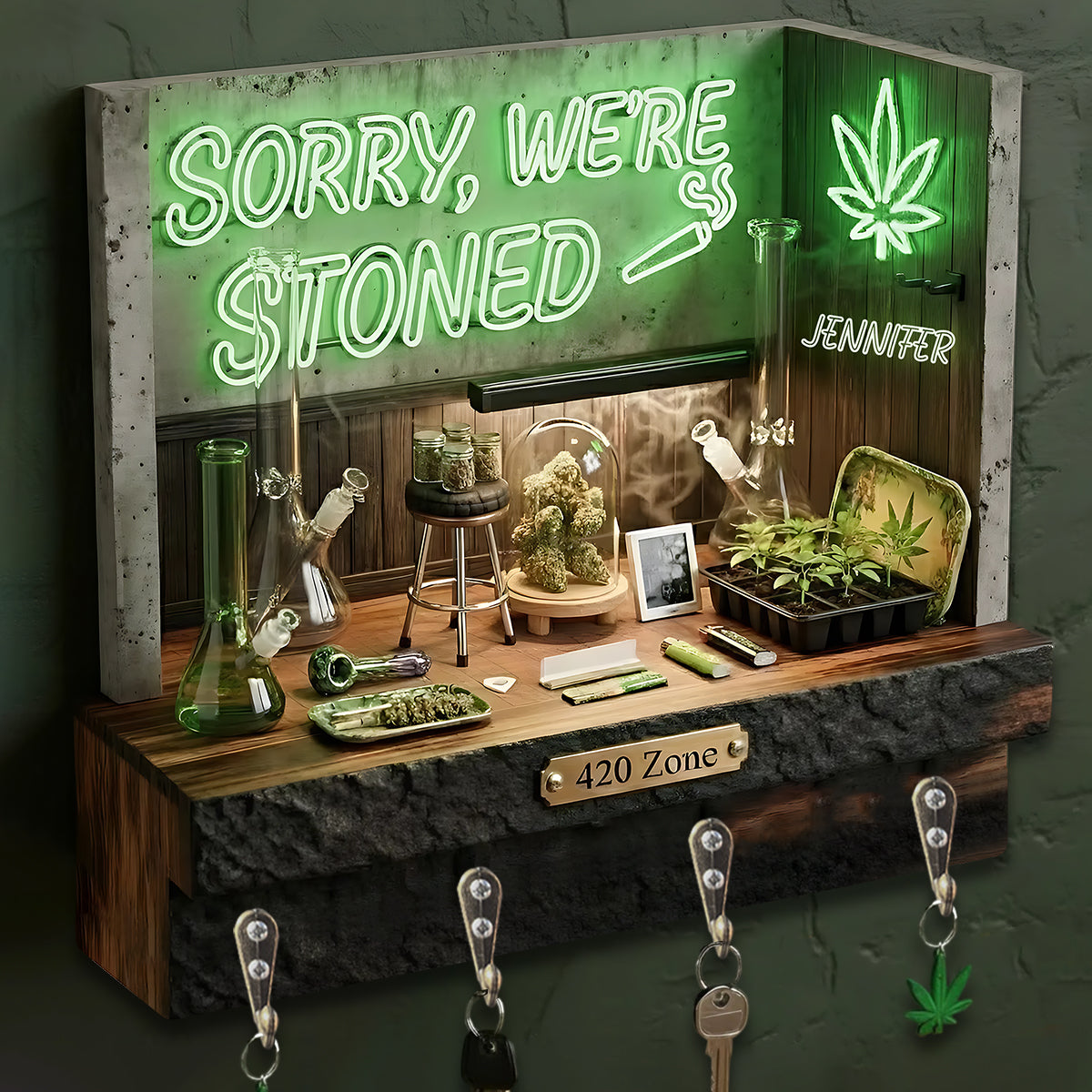 Sorry, wir sind stoned, 420 – Personalisierter, individuell geformter Weed-Hängeständer