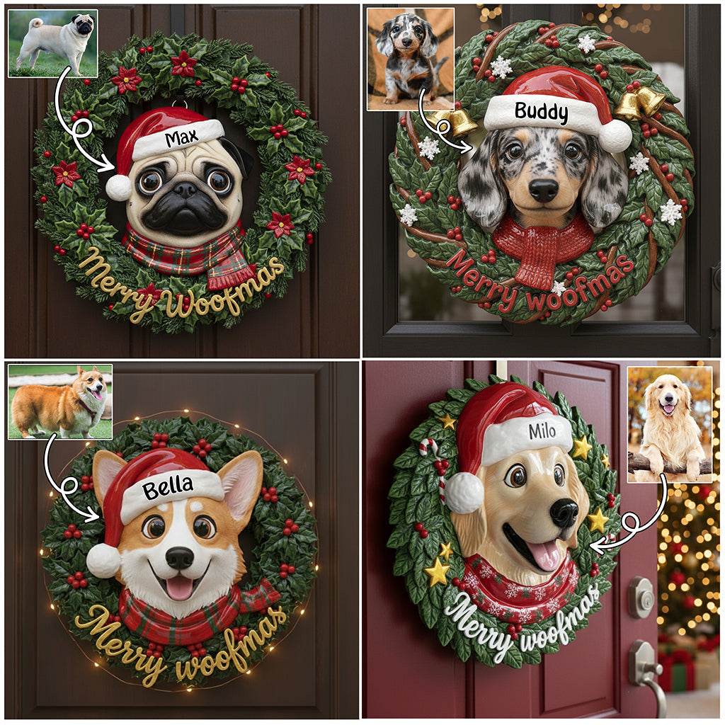 Merry Woofmas Lovely Dog Pet Lovers Wreath - Personalized Dog Custom Shaped Wood Sign