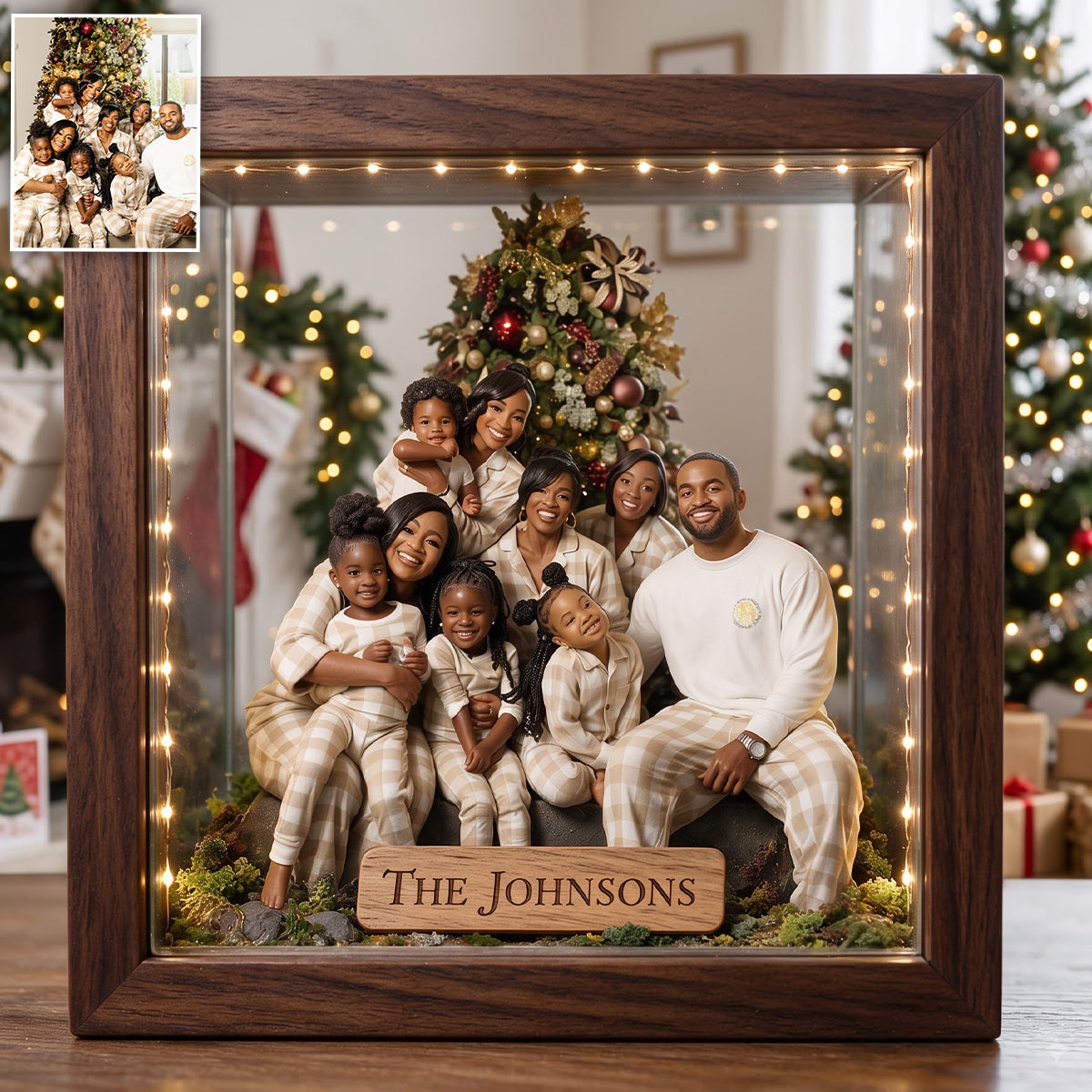 Miniature Style Gift, Custom From Any Photo - Personalized Family Wooden Frame LED Light