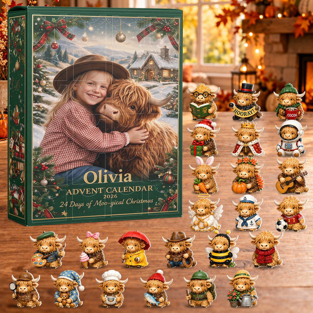 24 Days of Moo-gical Christmas - Personalized Highland Cow Advent Calendar With 3D Collectibles