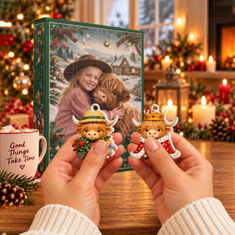 24 Days of Moo-gical Christmas - Personalized Highland Cow Advent Calendar With 3D Collectibles
