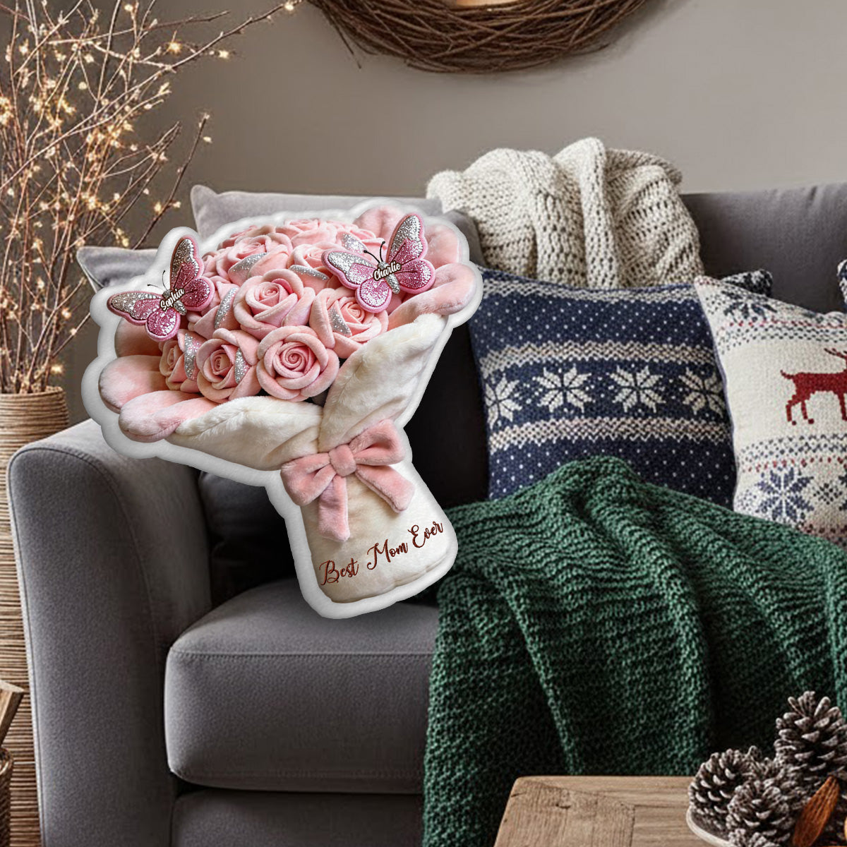 Perfect Gift For Mom, Grandma Beautiful Bouquet - Personalized Mother Faux Fur Shaped Pillow