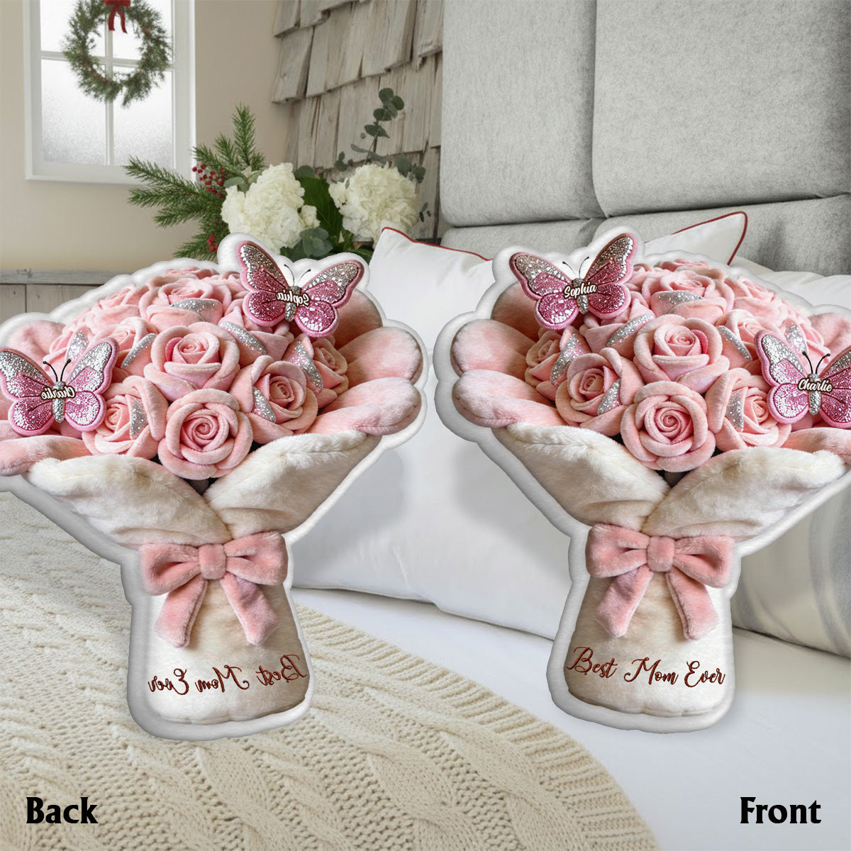 Perfect Gift For Mom, Grandma Beautiful Bouquet - Personalized Mother Faux Fur Shaped Pillow
