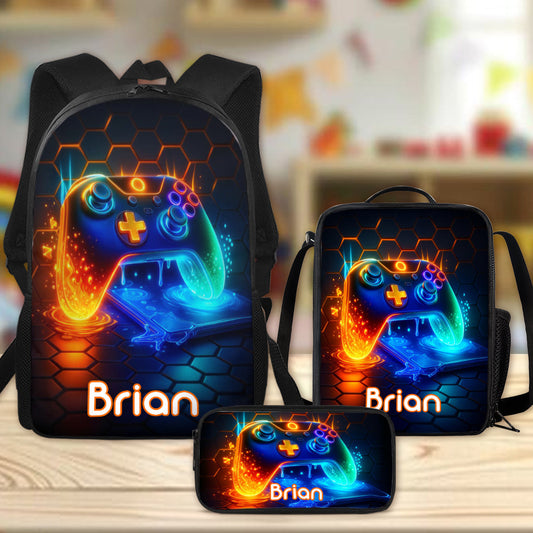 Gaming-Griff – Dreiteiliges Schultaschen-Set für Jungen mit großem Fassungsvermögen – Personalisierter Kinderrucksack, Lunchtasche, Federmäppchen